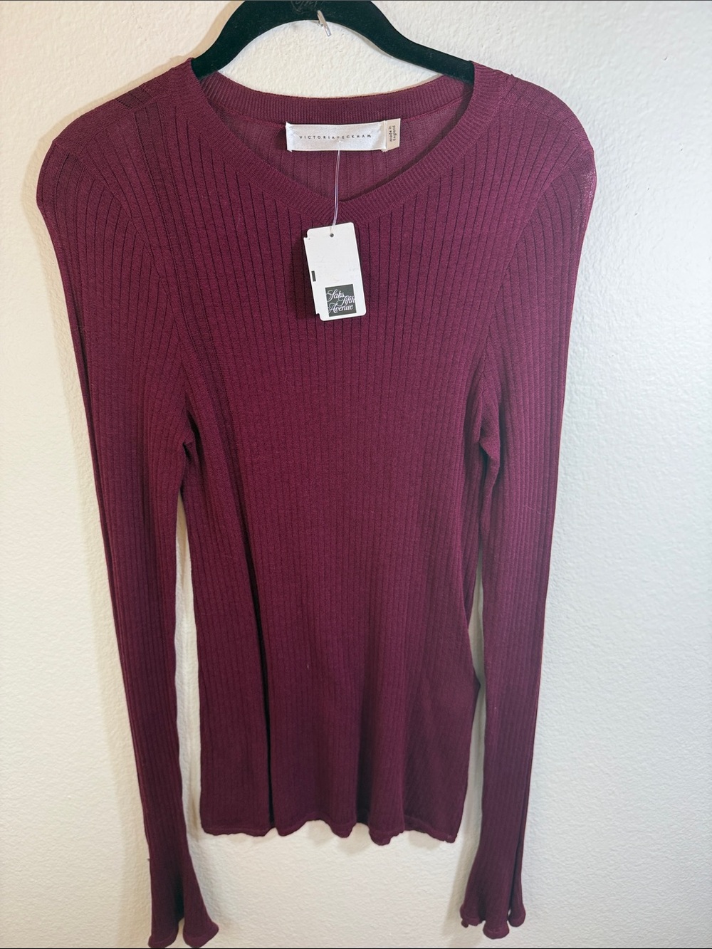 NWT VICTORIA BECKHAM Slim Lightweight Ribbed Long-Sleeve Crewneck Sweater